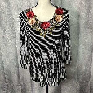Chico’s Black & White Striped 3/4 Sleeve Blouse with Floral Embellishments